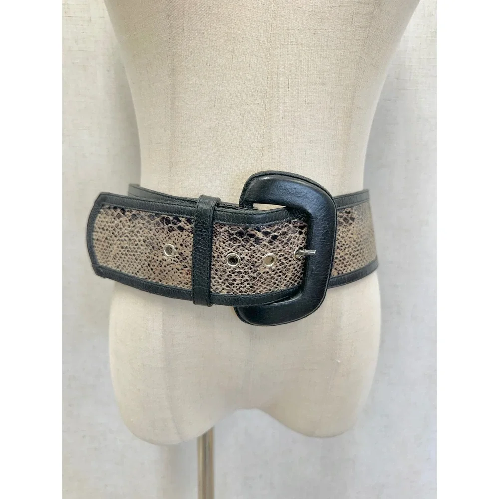 Leatherock Snakeskin Print Black Leather Wide Waist Belt Womens 34 6658 USA Made